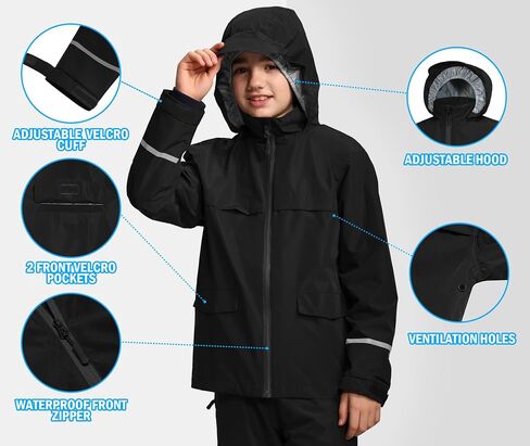 Kids Rain Suit Jacket and Pants Set with Reflective Strips Adjustable Hood Flap Pocket for Boys Girls in Saudi Arabia