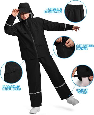 Kids Rain Suit Jacket and Pants Set with Reflective Strips Adjustable Hood Flap Pocket for Boys Girls in Saudi Arabia