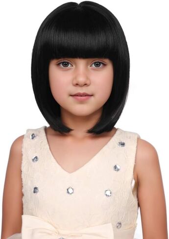 Kids Black Bob Wig Girls Short Straight Natural Black bob Wig with Bangs for Children in Kuwait