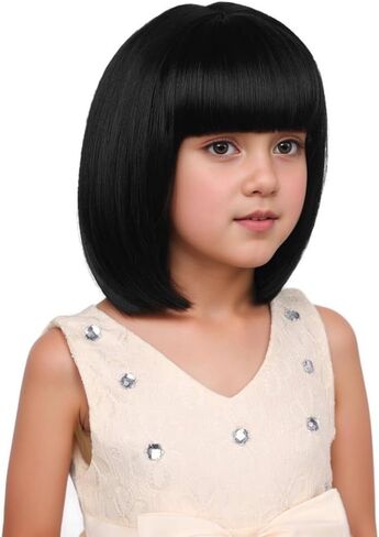 Kids Black Bob Wig Girls Short Straight Natural Black bob Wig with Bangs for Children in Kuwait