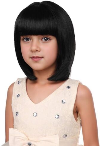 Kids Black Bob Wig Girls Short Straight Natural Black bob Wig with Bangs for Children in Kuwait