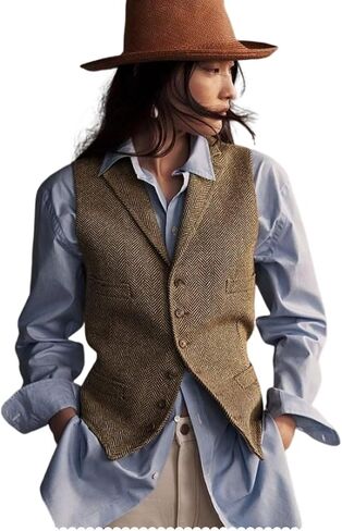 Womens Herringbone Tweed Waistcoat Lapel Sleeveless Blazers V Neck Work Office Suit Vests in Saudi Arabia