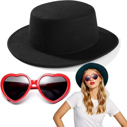 Black Fedora Hats Red Heart Sunglasses Costume for Women and Men, Fashion Flat Wide Brim Round Hats in Kuwait