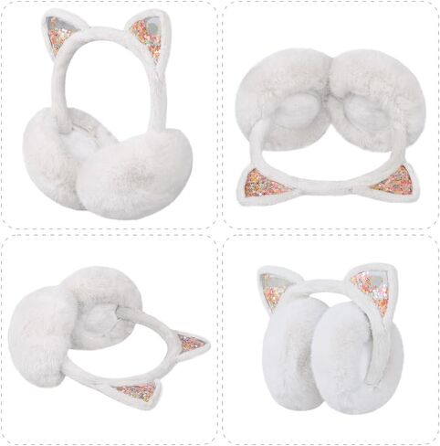 SIQITECHNO Winter Cute Kids Animal Earmuffs Foldable Cat Faux Fur Earmuffs Outdoor Ear Covers Cold Weather Fuzzy Earmuffs in Kuwait