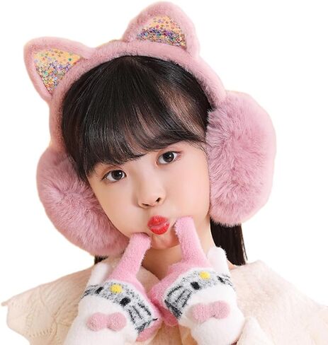 SIQITECHNO Winter Cute Kids Animal Earmuffs Foldable Cat Faux Fur Earmuffs Outdoor Ear Covers Cold Weather Fuzzy Earmuffs in Kuwait