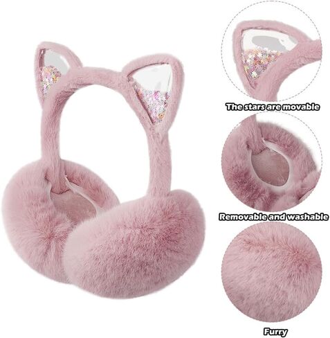 SIQITECHNO Winter Cute Kids Animal Earmuffs Foldable Cat Faux Fur Earmuffs Outdoor Ear Covers Cold Weather Fuzzy Earmuffs in Kuwait