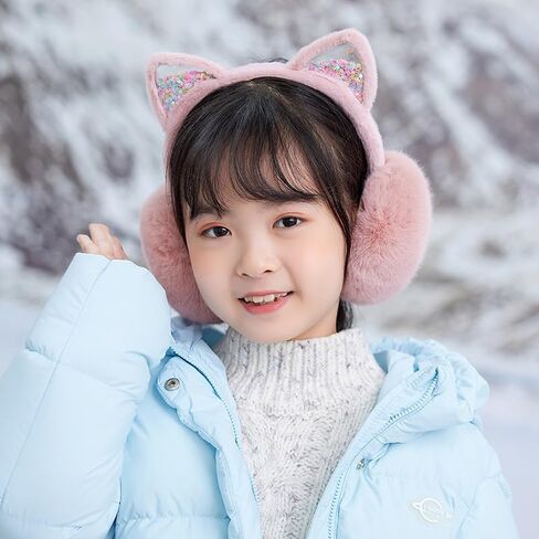 SIQITECHNO Winter Cute Kids Animal Earmuffs Foldable Cat Faux Fur Earmuffs Outdoor Ear Covers Cold Weather Fuzzy Earmuffs in Kuwait