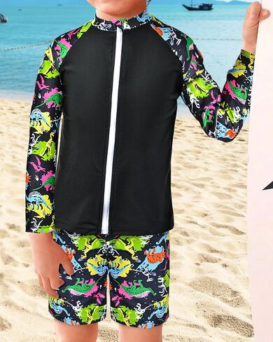 Boys Two Piece Rash Guard Swimsuits Long Sleeve Zipper Swim Shirt and Trunks Bathing Suit Swimwear Set in Saudi Arabia