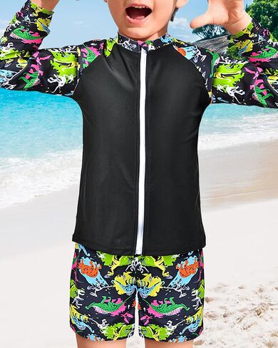 Boys Two Piece Rash Guard Swimsuits Long Sleeve Zipper Swim Shirt and Trunks Bathing Suit Swimwear Set in Saudi Arabia