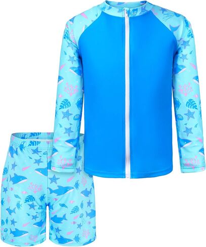 Boys Two Piece Rash Guard Swimsuits Long Sleeve Zipper Swim Shirt and Trunks Bathing Suit Swimwear Set in Saudi Arabia