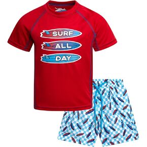 Boys Rash Guard Swimsuit Set - UPF 50+ Kids Short Sleeve Bathing Suit Swimwear Sets (Sizes: 5-14)
