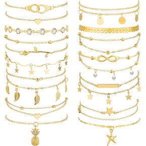 Hicarer 16 Pieces Ankle Bracelets 14K for Women Anklets Set Boho Beach Anklets Foot Chains Adjustable Foot Hand Jewelry Romantic Gift