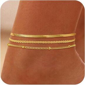 Anklets for Women,Waterproof 14K Gold/Sterling Silver Plated Ankle Bracelets for Women Layered Cuban Herringbone Chain Anklet Bracelet Set Beach Jewelry