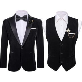 Barry.Wang Men's Velvet Suit Vest Blazer Black Sport Coat Brooch Waistcoat Tuxedo Set for Prom Wedding Party Dinner Lightweight L