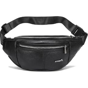 Black Leather Fanny Pack for Men & Women, Fashionable Multi-Pockets Waist Belt Bag for Travel Sports Hiking Cycling Fishing Running