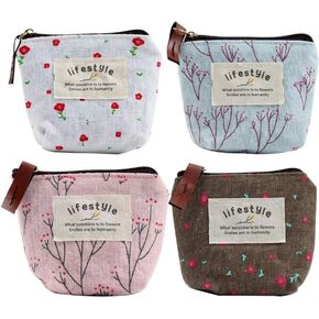 4pcs Color Coin Presh ، Mini Canvas Change Bace مع نمط الزهور ، حامل محمول للفتيات مع ZIPPER للنقد ، العملات المعدنية ، المفاتيح ، بطاقة الائتمان ، محافظ بطاقة الهوية ومنظمي الأموال