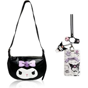 Cartoon Kumi Black PU Shoulder Bag with Badge Holder and Keychain, Handbag with Zipper, Underarm Wallet Purse Tote Clutch Coin Pouch for Women Girls