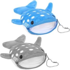 Cute Whale Shark Coin Purse, 2 PCS Small Kawaii Wallet with Zipper Keychain, Plush Cartoon Animal Embroidered Coin Pouch Mini Earphone Bag Funny Novelty Coin Purse for Women (Blue, Gray)