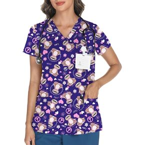 LOMON Scrubs for Women V Neck Printed Scrub Tops Soft Knit Nurse Uniform Shirts with 3 Pockets