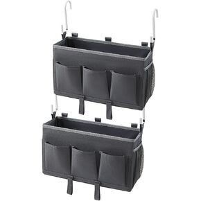 Over-the-Bed Storage Caddy, Black Bedside Organizer with 3 Pockets and 2 Hooks and 3 Fixed Straps, 1 Pack