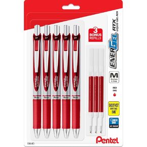 أقلام حبر هلامية سائلة من Pentel EnerGel مقاس 0.7 مم - عبوة مكونة من 5 أقلام Red Deluxe RTX Energel مع 3 عبوات