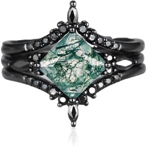 Natural Moss Agate Engagement Ring for Women Pear/Hexagon/Kite/Princess Cut Gemstone Genuine Moss Agate Wedding Ring Set Bridal Ring Set 925 Sterling Silver 10K 14K 18K Gold Moss Rings for Women Size 4-12