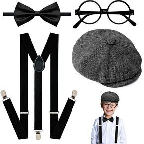 4pcs Kids Boys Boys Bowtie Sets-Topender y-back superender with silk bowtie ، نظارات سوداء ، قبعة إخبارية خمر للأولاد زفاف العشرينات من القرن العشرين (1-10 سنة)