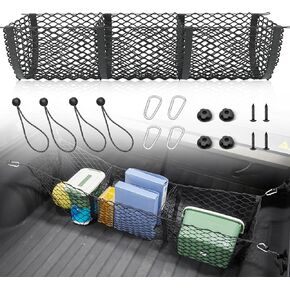 RED WOLF 3 Pocket Truck Bed Cargo Net for Toyota Ford Dodge GMC Chevy Silverado, Universal Pickup Mesh Storage Net 47.2" x 11.8" Stretchable Elastic Truck Bed Grocery Holder Net with 4 Ball Bungees