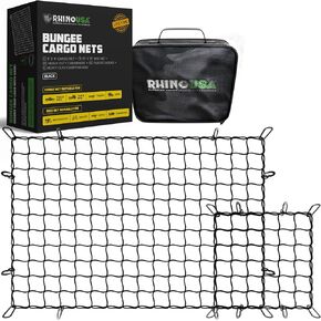 Rhino USA Bungee Cargo Net Set - Ultimate Cargo Accessory Includes Carry Case, Carabiners, 4' x 6’ Net, 15" x 15" Mini-Net. For pickup truck bed, SUV, Motorcycle Rack, ATV, Small Trailer Cargo - Black