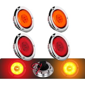 NEW SUN 4-Pack Premium 2 Inch Round LED Marker Lights, IP67 Waterproof, Halo & Neon Design, Stainless Chrome Bezel, Flange Mount for Utility Trailer, Camper, Truck, Pick-up, Boats, Red & Amber