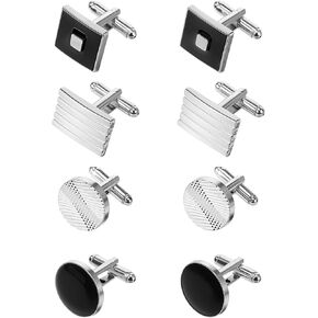 4 Pairs Cufflinks for Men Classic Tone Cuff Links Fashion Men Cufflinks Silver Black Striped Disc Square Rectangle Cuff Links for Business Wedding Party Gift Box