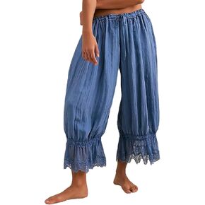 NUFIWI Women Ruffle Long Bloomer Y2k Lace Trim Pettipants Pantaloons Mid Rise Cropped Pajama Pants Under Dress Slips