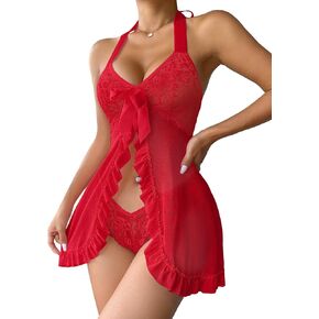 Sexy Halter Open Front Ruffle Sheer Mesh Lace Babydoll Lingerie Dress with Thong 2 Piece