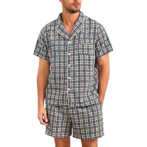 Marvmys Mens 100% Cotton Pajama Set Sleepwear Short Sleeve Pj Set Button Down Lounge Set Plaid Pajamas S-3XL