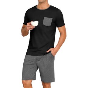 PrinStory Mens Summer Pajamas Set Lightweight Pjs Sets Short Sleeve Pajama Shorts Set Soft Sleepwear Loungewear with Pockets