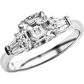 1.23 Ctw 14K White Gold Baguette Round Asscher Cut GIA Certified Diamond Engagement Ring (0.98 Ct I-J Color VVS2-VS1 Clarity Center Stone)