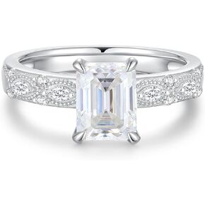 حلقة زمردية مقطوعة مويسانيت للنساء 18 كيلو الذهب الأبيض مطلي S925 Sterling Silver Silver-Vintage Complessing Ring بها رنين لها
