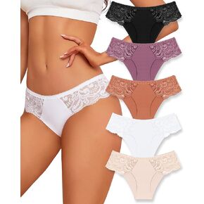 ROSYCORAL Sexy Underwear for Women Lace Silky Seamless No Show Undies Low Rise High cut Bikini Hipster Cheeky Panties 5 Pack