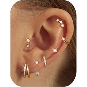 BESTEEL Small Stud Hoop Earrings for Women - 7 Pairs Hypoallergenic 14K Gold Plated Huggie Earring Sets for Multiple Piercing Dainty Earring Stacks Cute Silver Cartilage Jewelry Trendy Gifts