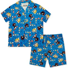 Sonic The Hedgehog Boy's Pajama Set - 2 Piece Boys Flannel Coat Style Short Matching PJs, Kids Button Down Pajamas - Official