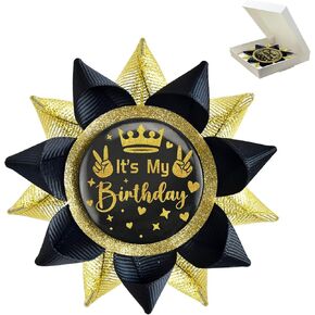 Handmade It's My Birthday Button, Happy Birthday Button Pins for Teens, Women and Men, Black and Gold Grosgrain Ribbon Pins for Birthday Party Decorations Supplies Gifts Ideas (3.75 * 3.75inches)