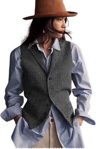 Womens Herringbone Tweed Waistcoat Lapel Sleeveless Blazers V Neck Work Office Suit Vests in Saudi Arabia
