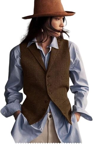 Womens Herringbone Tweed Waistcoat Lapel Sleeveless Blazers V Neck Work Office Suit Vests in Saudi Arabia