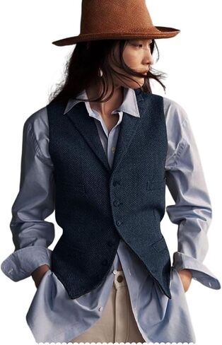 Womens Herringbone Tweed Waistcoat Lapel Sleeveless Blazers V Neck Work Office Suit Vests in Saudi Arabia
