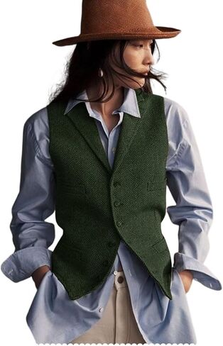 Womens Herringbone Tweed Waistcoat Lapel Sleeveless Blazers V Neck Work Office Suit Vests in Saudi Arabia