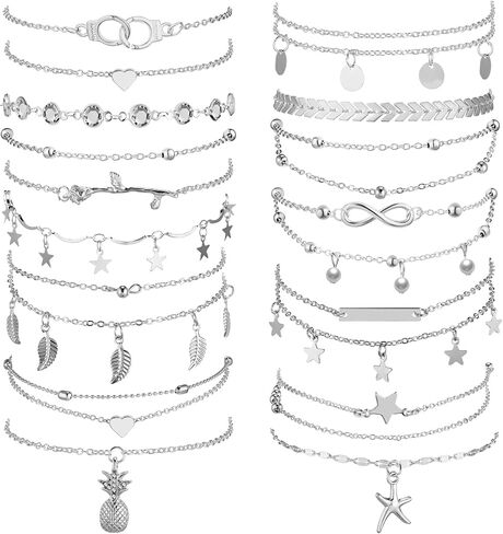 Hicarer 16 Pieces Ankle Bracelets 14K for Women Anklets Set Boho Beach Anklets Foot Chains Adjustable Foot Hand Jewelry Romantic Gift in Kuwait