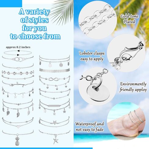 Hicarer 16 Pieces Ankle Bracelets 14K for Women Anklets Set Boho Beach Anklets Foot Chains Adjustable Foot Hand Jewelry Romantic Gift in Kuwait