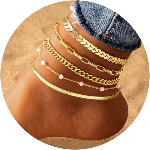 iF YOU Gold Ankle Bracelets for Women, 14k Gold Plated Waterproof Cuban Pearl Snake Chain Anklets Set, Gold Anklets for Women Beach Gift Adjustable Size in Kuwait