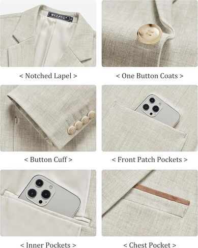 WULFUL Men's Sport Coats Blazers Linen Cotton Blazer Regular Fit One Button Suit Jacket with 2 Pockets in Kuwait