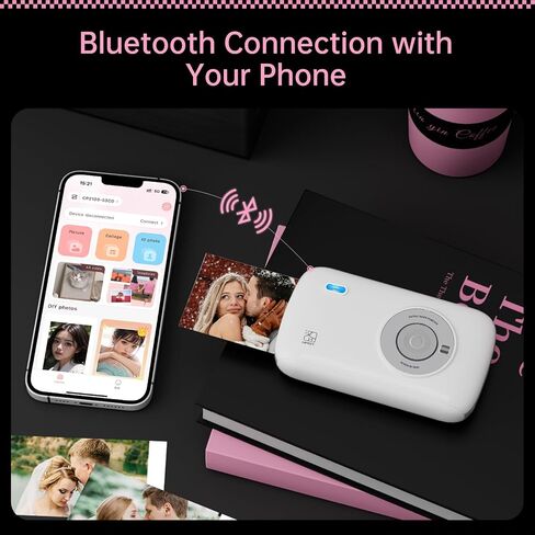 طابعة صور محمولة HPRT CP2100 لهواتف iPhone وAndroid، طابعة ملونة فورية صغيرة مقاس 2.1 × 3.4، بلوتوث 5.0، شحن من النوع C، تقنية صبغ التسامي، تتضمن 10 أوراق أولية، وردي in Kuwait